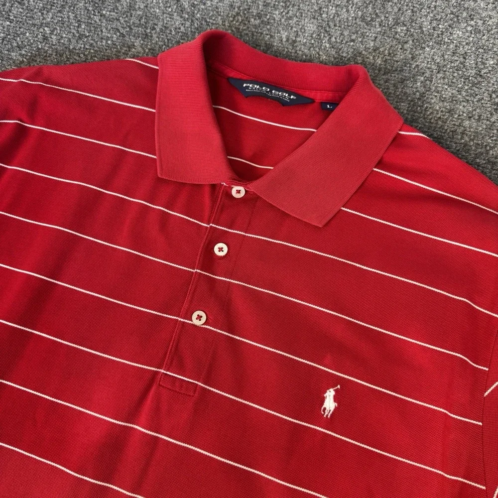 Polo Golf Ralph Lauren Shirt Mens Large L Red White Striped Short Sleeve Pony